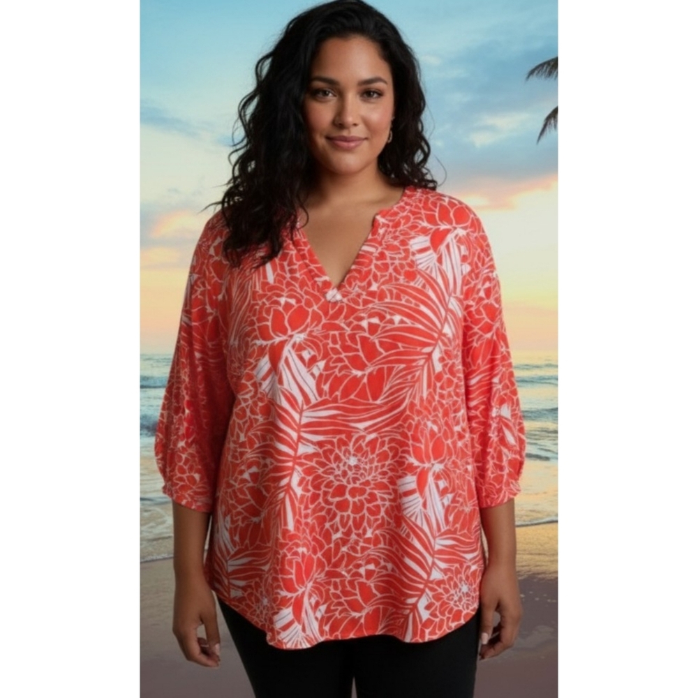 Cato Hi Low Roll Tab Sleeve Split Neck Blouse Tropical Orange Size 22/24W